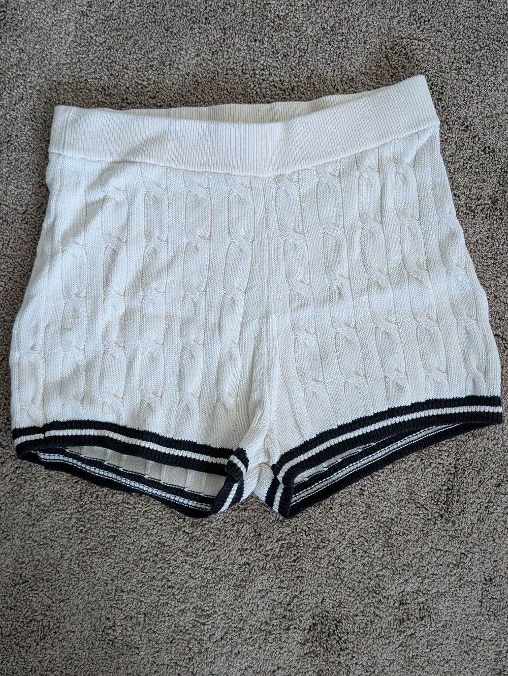 Polo Ralph Lauren White Cable-Knit High-Waist Shorts with Black Trim